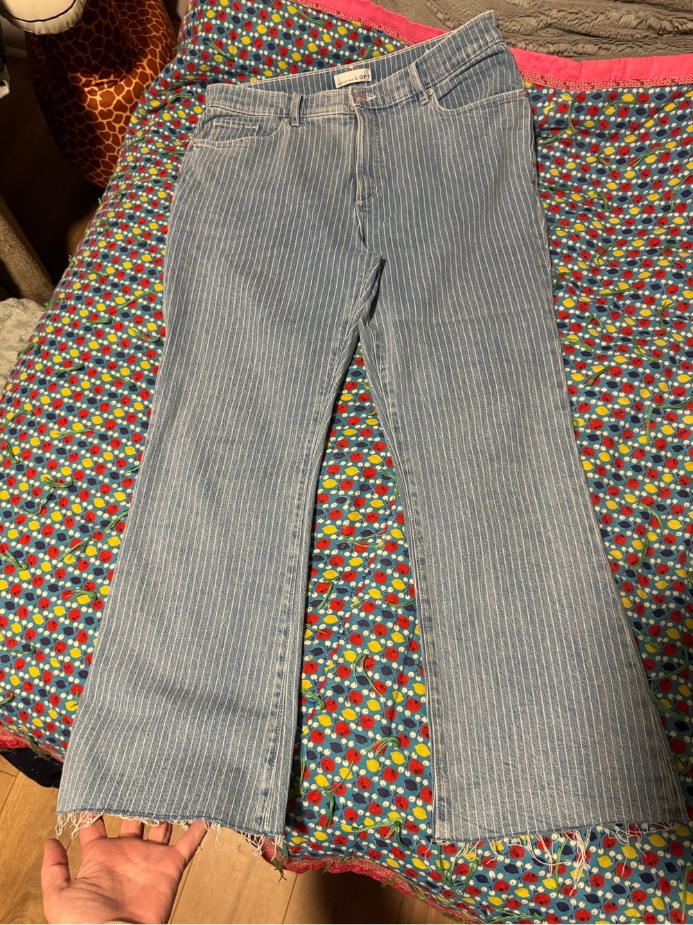 NWOT LOFT Striped Light Blue Wash Raw Hem Kick Crop Jeans - size 12